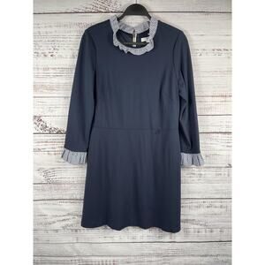 1901 Dress Women's 14 Blue Ruffle Neck Cuff Shift Exposed Zip Knee Length Work